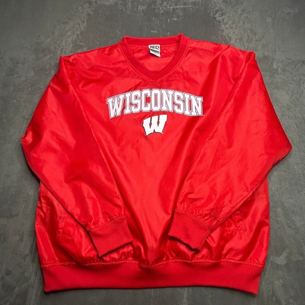 VTG Red Oak Windbreaker Mens Large Red‎ Wisconsin Badgers V-Neck Pullover Jacket
